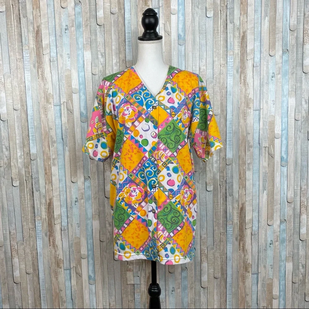 Vintage 80s 90s 20W Center Aisle Plus Size Printed Button Down Shirt Top Shacket - Picture 2 of 7